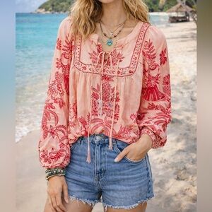 New Calypso St Barth Tassel Puff Shoulder Peasant Blouse Coral Print size small